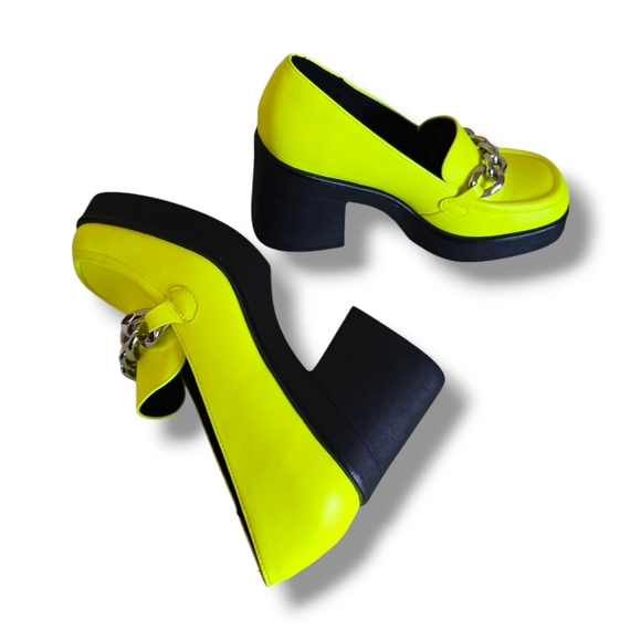 CALL IT SPRING Women's Noella Bright Green Chain Accent Vegan Platform Loafers - Picture 13 of 16